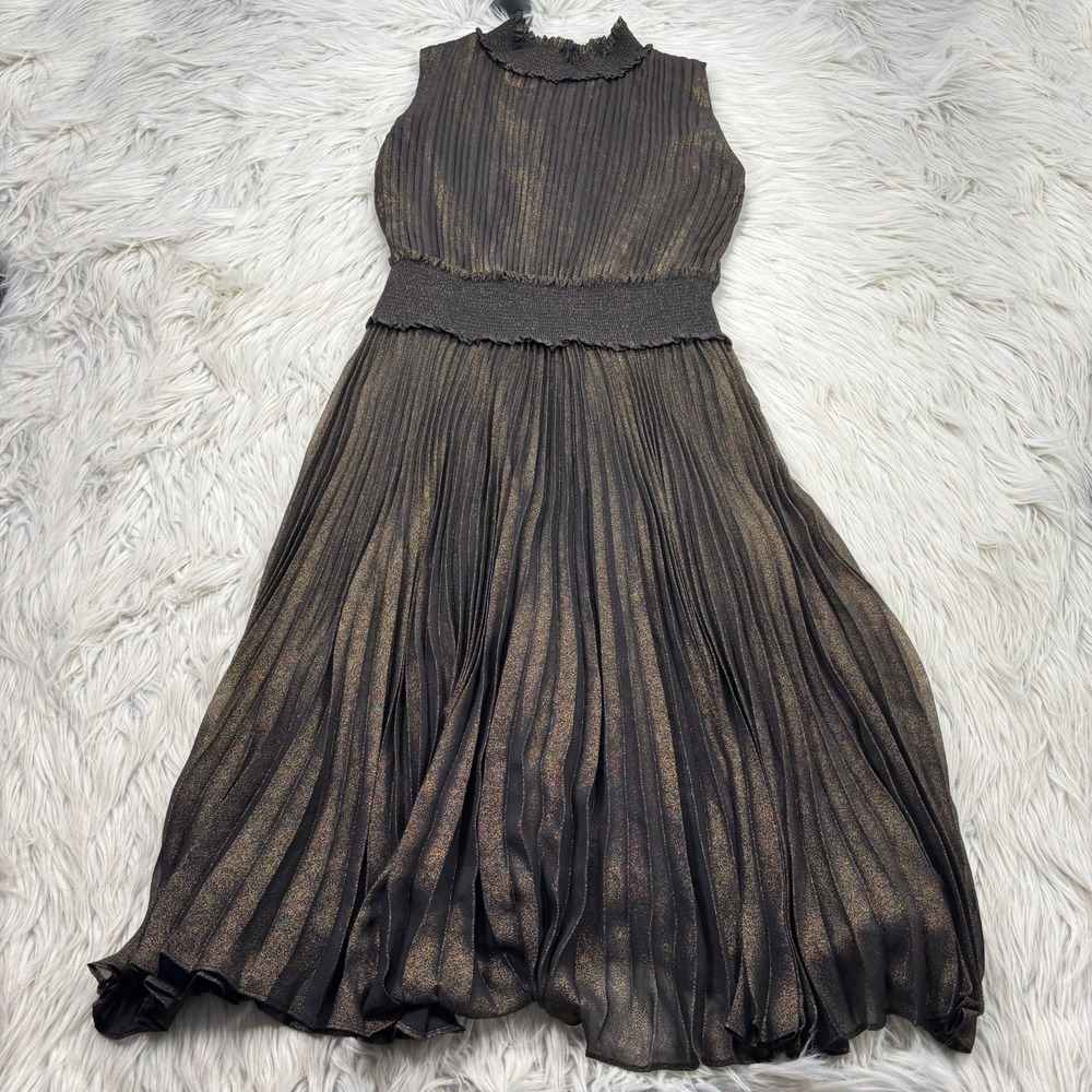Nanette Lepore Women's 8 Black Gold Accordion Pleat Mock Neck Midi Dress